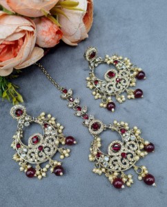 Traditional Ethnic Dual Bridal <b>Set</b> Heavy CZ Studded Choker & Necklace Combo With Matching Chadbali Earrings & Mangtika Wholesale - Product Image 6