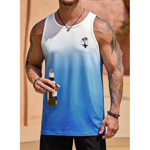 Camiseta sin mangas para hombre, degradado azul y blanco, cuello redondo, secado rápido, informal, con estampado de palmeras - Product Image 3