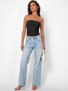 Top Corto Negro sin Tirantes para Mujer, Color Sólido, Tejido Elástico, Informal, sin Mangas, Corte Regular, para Uso Diario en Todas las Temporadas - Product Image 5