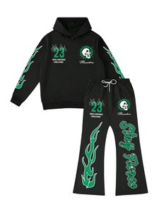 ชุดเซ็ตเสื้อฮู้ดแขนยาวลายกราฟิก Y2K และกางเกงวอร์มขาบานสำหรับผู้ชาย 2 ชิ้น - Product Image 1