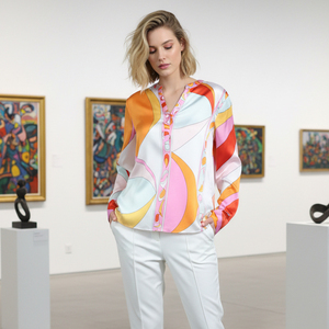 Chemisier en soie à imprimé abstrait coloré pour femmes, haut décontracté à manches longues et <span class=keywords><strong>col</strong></span> en <span class=keywords><strong>V</strong></span> - Product Image 2