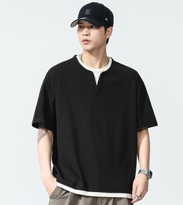 เสื้อยืดผู้ชายแบบ 2-in-1 แบบมีชั้นในตัว |   เสื้อยืดโอเวอร์ไซส์ผ้าถักวาฟเฟิลสีดำ |   เสื้อผ้าแนวสตรีทสไตล์เมือง แขนสั้น ระบายอากาศได้ดี - Product Image 4