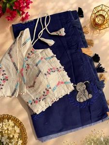 Sari en soie brodé pour femme, avec chemisier Khadi cousu, pallu à franges, tenue ethnique traditionnelle, sari moderne à séchage rapide, robe de fête - Product Image 1