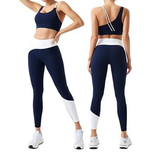 Women Yoga Set 2 Piece Navy Blue <b>White</b> Contrast High Waist Legging Scoop Neck Racerback Crop <b>Top</b> Seamless Full Length Sport Wear - Product Image 1