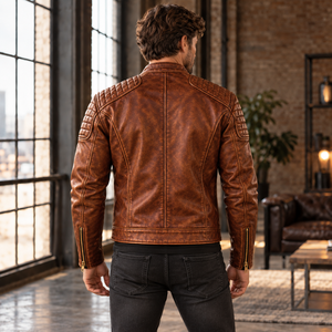 Chaqueta de moto de cuero genuino para hombre en negro, diseño texturizado con paneles acolchados en los hombros, cremalleras de latón, puños con cremallera y bolsillos - Product Image 2