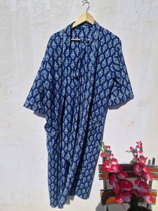 Indigo Floral Print Cotton Kimono <b>Robe</b> Women <b>Beach</b> Cover Up Lightweight Lounge Wear Bathrobe Casual Wrap Dress - Product Image 3