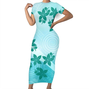 Robe moulante d'été élégante pour femmes, motif floral tribal samoan vert Tapa, tissus polynésiens, collection 2026 - Product Image 1