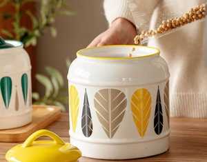 Ceramic Food <b>Storage</b> Container With Wooden Lid Nordic Design Airtight Cylinder Shape For Kitchen Use - Product Image 6