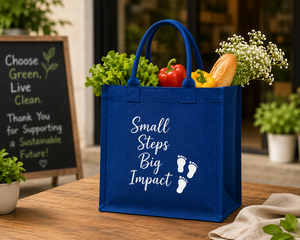 Bolsa de Yute Azul con Diseño de Huellas y Asas de Cuerda, Tamaño Mediano, para Uso Diario, Playa, Exposiciones y Compras, Pequeños Pasos, Gran Impacto - Product Image 3