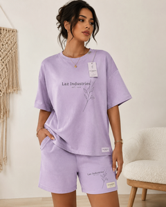 Ensemble T-shirt et short en molleton polyester/coton anti-boulochage respirant pour femme Laz Industries, vert délavé, coupe décontractée, col rond - Product Image 6