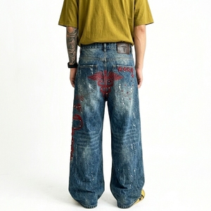 Pantalon en jean pour homme style américain, orné de strass, motif graphique tie-dye, coupe droite ample, style urbain - Product Image 4