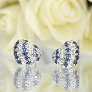 Vintage Heart Shape <b>Stud</b> Earrings with Round Brilliant Cut Diamonds Blue Stones IGI Certified in 925 <b>Silver</b> for Women's Party - Product Image 4