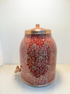 Royal Red Floral Printed Pure <b>Copper</b> Water Dispenser Tank 8L Luxury Golden Jaal Pattern Matka Leakproof Water Camper with Tap - Product Image 2
