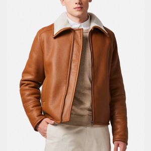 แจ็คเก็ตบอมเบอร์หนังแกะแท้สีน้ำตาล รุ่นคลาสสิค บุขนแกะเทียม แบบนักบิน สำหรับฤดูหนาว คอตั้ง กันน้ำ - Product Image 4