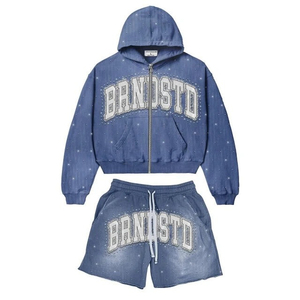 Popular Custom Logo Printed Acid Wash Zip Hoodie & Shorts Set Heavyweight 100% Cotton 400 GSM Fleece Hoodie & Shorts Sets - Product Image 6