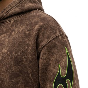 Men's Brown Hooded Tracksuit <b>Set</b> With Green Flame Print Full Sleeve Loose Fit Streetwear Shorts And Sweatshirt Autumn Wear - Product Image 5