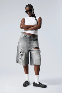 Men's High Waist Ripped Denim Bermuda Shorts Street Style Cotton Washed Fit Black Button Fly - Product Image 6