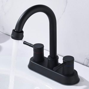 Rubinetto per lavabo bagno nero opaco a 3 fori in acciaio inossidabile con braccio alto, tubo flessibile e scarico a scomparsa, per lavabo. - Product Image 6