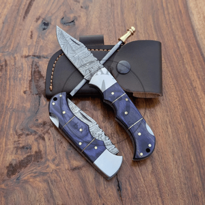 Handmade Damascus Steel Drop Point Folding Knife Set Wooden Resin Handle Industrial Grade Pocket Knife Leather Sheath <b>Fire</b> - Product Image 6