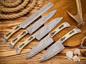 Juego de Cuchillos de Chef de Acero de Damasco Forjado a Mano, Mango de Hueso, Estilo Tradicional, Hoja de 6-7.9 Pulgadas, Ambidiestros, Acabado Satinado - Product Image 2