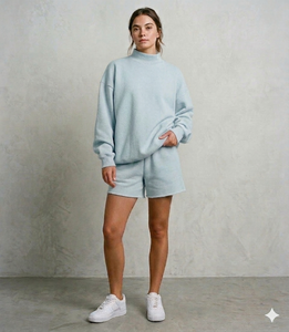 Curated Women <b>Mock</b> <b>Neck</b> <b>Top</b> And Shorts Set Relaxed Mood Everyday Fashion Clothing Wear Style - Product Image 1
