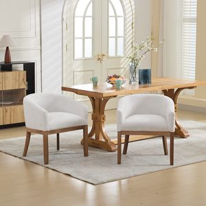 Sedie da Cucina e Sala da Pranzo in Stile Mid-Century Modern Farmhouse, Rivestite in Lino e PU, con Braccioli a Botte, in Legno Naturale Massello - Product Image 4