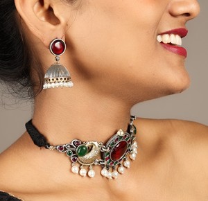 Conjunto de Collar y Pendientes con Motivo de Pavo Real, Chapado en Oro de Dos Tonos Oxidado, Estilo Antiguo, para Mujer, Joyería Tradicional de Templo - Product Image 4