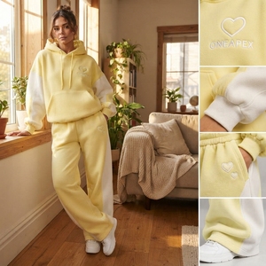 Conjunto Deportivo Informal para Mujer, Sudadera con Capucha Oversize Amarilla y Blanca, Pantalones Jogger de Pierna Ancha, Conjunto de Dos Piezas - Product Image 5
