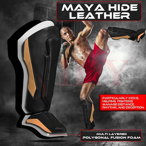 Protège-tibias et protège-pieds en cuir perforé noir et or robustes pour le sparring professionnel des arts martiaux mixtes et la protection au kickboxing - Product Image 4