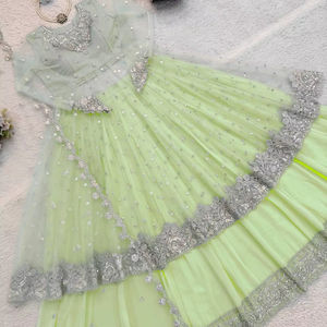 Lehenga Choli de diseñador con bordado de hilo de red de Foux Gorgette y lentejuelas para fiestas. - Product Image 1