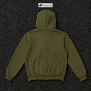 เสื้อฮู้ดโอเวอร์ไซส์ Olive ลายดาวแดง ขอบขาดสไตล์สตรีทแวร์ ยูนิเซ็กส์ ทรงหลวม ซิปยาวเต็มตัว - Product Image 6
