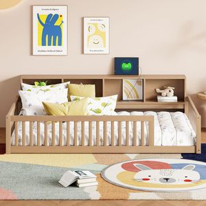 Letto a pavimento in legno marrone Twin XL con armadietti contenitore e porte USB - Prodotto per letti per bambini - Product Image 2