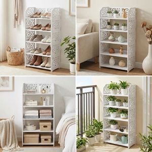 Scarpiera a 5 livelli in legno intagliato e plastica, salvaspazio, autoportante, organizer per ingresso e armadio - Product Image 3