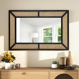 Espejo de Pared Circular de Madera de Mango Estilo Bohemio con Incrustaciones de Ratán - Hecho a Mano y Ecológico de 25 Pulgadas al por Mayor - Product Image 2