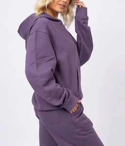 Conjunto de Sudadera y Pantalones Deportivos de Dos Piezas para Mujer, Color Morado, Hombros Caídos, Felpa, Sudadera con Capucha y Pantalones con Puños Acanalados, Estilo Deportivo - Product Image 5