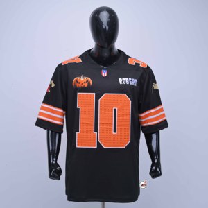 MRI Men's Black American Football Jersey Number 10 Customized Robert Pumpkin Design Sublimated Mesh V-Neck Short Sleeve - Product Image 1