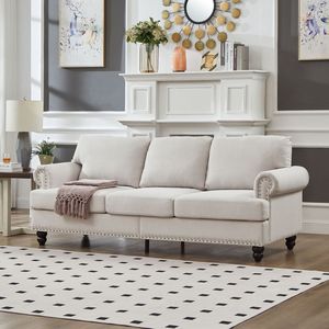 Divano Moderno Classico a Tre Posti da 83 Pollici per Soggiorno, Rivestito in Poliestere Beige con Borchie, Design Moderno Classico - Product Image 3