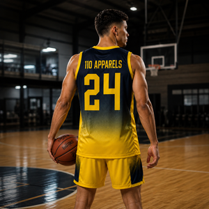 Ensemble de maillots de basket-ball pour hommes 110 Apparels, 100% polyester, dégradé jaune marine, logo sur le devant, séchage rapide, respirant, vêtements sportifs d'été - Product Image 4