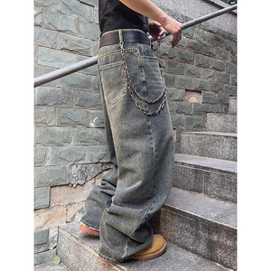 Pantalones Vaqueros Anchos de Mezclilla Lavada a la Piedra, Cintura Alta, Corte Holgado, Estilo Urbano, Pantalones de Algodón para Hombre con Detalle de Cadena en el Cinturón - Product Image 5