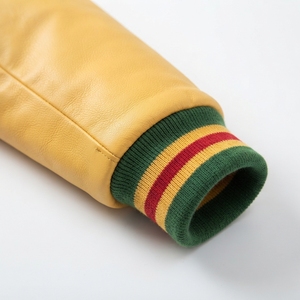 Men's Green <b>And</b> Yellow <b>Varsity</b> <b>Jacket</b> With <b>Red</b> Buttons <b>And</b> Striped Collar Cuffs Regular Fit Casual Style Autumn Wear - Product Image 4