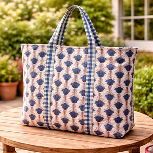 Sac fourre-tout en coton matelassé à imprimé floral bleu, grande capacité, réutilisable, écologique, sac de shopping pour femmes - Product Image 1