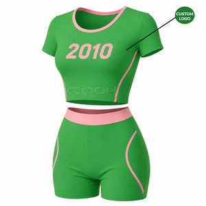 Cosh International Sorority Sisterhood 2 Piece Green <b>Crop</b> <b>Top</b> & Biker Shorts Set With Pink Trim Activewear Set - Product Image 5