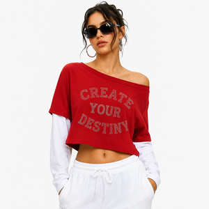 T-shirt court à épaules dénudées double couche avec imprimé strass et manches doubles, 100 % coton, coupe ample pour femme - Product Image 1