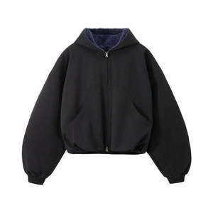 Sudadera con Capucha Extra Grande de Forro Polar, Manga Murciélago, Largo Recortado, Unisex, Invierno, Color Sólido, Diseño con Bolsillo Frontal con Cremallera - Product Image 4