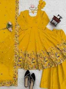 Traje ANARKALI PLAZZO DUPATTA de seda crujiente de secado rápido con bordado de lentejuelas, moderno para fiestas, para todas las estaciones - Product Image 6