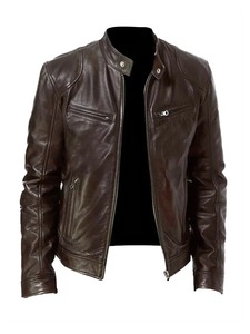 เสื้อแจ็คเก็ตหนังสีน้ำตาลสำหรับผู้ชายสไตล์ไบค์เกอร์ - Product Image 1