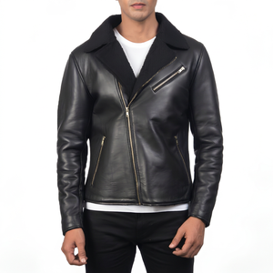 Veste en cuir noire pour homme avec doublure, fermeture éclair, col rabattable, coupe-vent, vêtements d'hiver - Product Image 6