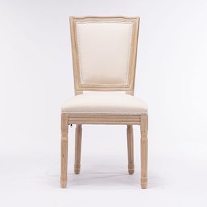 Chaises de salle à manger de style français avec cadre en bois massif et tissu en lin, dossier carré, lot de 2, couleur crème - Product Image 2