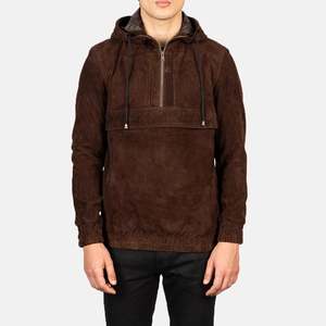 Chaqueta de Hombre con Capucha y Cierre de Cremallera, de Gamuza Marrón, Estilo Casual para Otoño, Corte Regular, Color Sólido, con Forro de Poliéster - Product Image 1