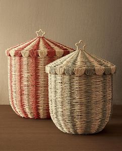 Premium Handwoven Rattan Circus Style <b>Storage</b> Basket with Lid Natural Decorative <b>Hamper</b> for Kids Room and Home Use - Product Image 1